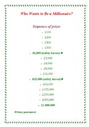 English worksheet: Who wants to be a millionaire (Part 2: prizes)