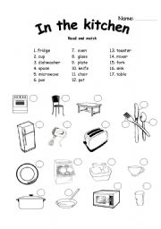 English Worksheet: Kitchen picture match and word search