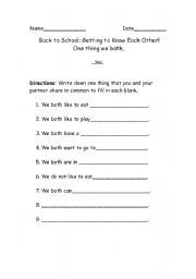English worksheet: One Thing We Both: Getting to Know Each Other