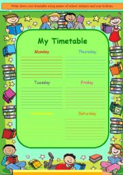 English Worksheet: School subjects. My Timetable