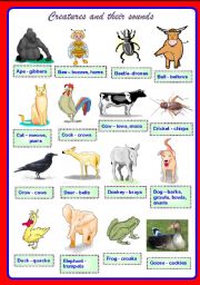 English Worksheet: Creatures and their sounds Part 1 of 2 ** fully editable