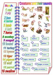 English Worksheet: Creatures and their sounds Part 2 - Matching activities ** fully editable