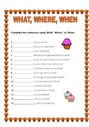 English Worksheet: What, Where, When