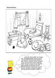 English Worksheet: read and colour Bart�s room