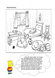 English Worksheet: read and colour Barts room