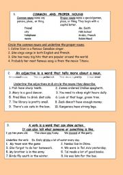 First introduction to nouns, adjectives, and verbs