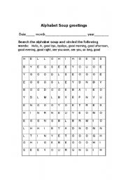 English worksheet: Alphabet soup greetings