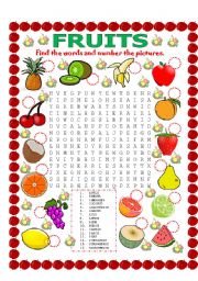 WORD SEARCH (FRUITS) AND NUMBER THE PICTURES