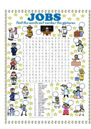 English Worksheet: WORD SEARCH (JOBS) AND NUMBER THE PICTURES