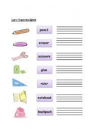 English worksheet: Write the word - school supplies