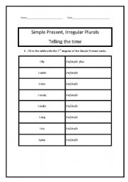 English worksheet: SIMPLE PRESENT, IRREGULAR PLURALS, TELLING THE TIME