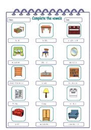 English Worksheet: Furniture Complete the Vowels
