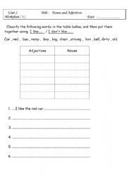 English worksheet: nouns and adjectives