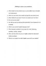 English worksheet: First class / lesson. Getting to know you questions. 