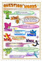 English Worksheet: QUESTION WORDS: grammar guide/poster & exercises (key included- fully editable) 