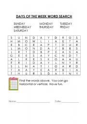 English Worksheet: dAYS OF THE wEEK wORD sEARCH