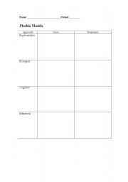 English worksheet: Phobia Matrix