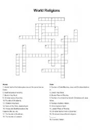 English worksheet: world relgions cross word puzzle