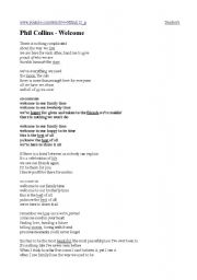 English Worksheet: Welcome (by Phil Collins)