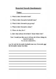 English Worksheet: Reported speech- questionnare