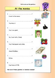 English worksheet: Write the questions: At the movies