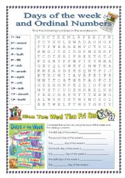 English Worksheet: Days of the week and Ordinal Numbers