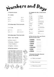 English Worksheet: Numbers and days