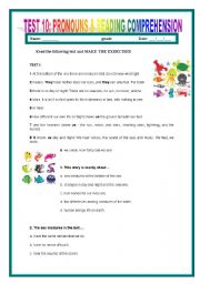 English Worksheet: TEST10: READING COMPREHENSION #3 & PRONOUNS