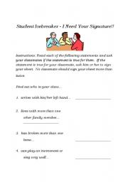 English Worksheet: Student Icebreaker - I Need Your Signature!