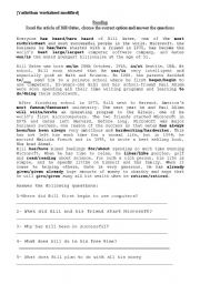 English Worksheet: Bill Gates reading comprehension + etc