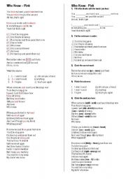 English Worksheet: Who Knew - Pink.  A good song for practing the Simple Past Tense.