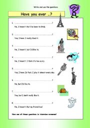 English Worksheet: Write the questions: Have you ever?