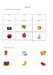 English worksheet: Review: fruits, vegetables ands verbs