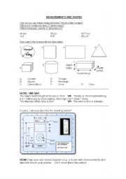 English Worksheet: Measurements, shapes & drawing diagrams