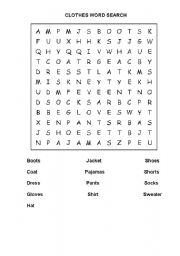 English Worksheet: Clothes Word Search