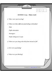 English worksheet: Plane crash report and past continuous grammar box