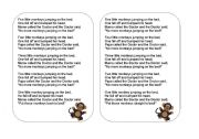 English Worksheet: 5 Little Monkeys Jumping on the Bed (Lyrics, Flashcards and Activity)