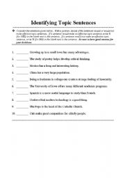 English Worksheet: Topic Sentences