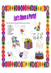 English worksheet: Lets have a party!