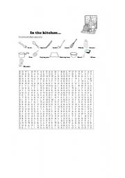 English Worksheet: Kitchen Utensils wordsearch