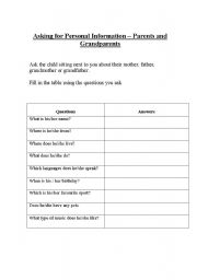 English worksheet: Asking for Personal Information - Parents and Grandparents