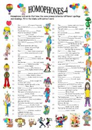 English Worksheet: HOMOPHONES-4 (Editable with answer key)