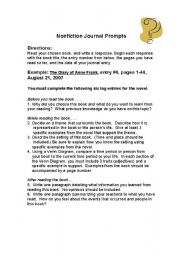 English Worksheet: NonFiction Journal Prompts