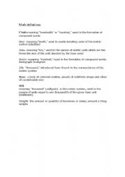 English worksheet: Math Vocabulary Definitions