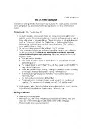 English Worksheet: Be an Anthropologist