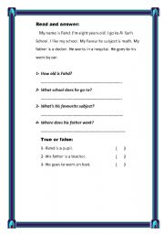 English worksheet: reading comprehension exercise