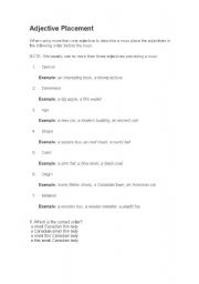 English worksheet: adjective placement