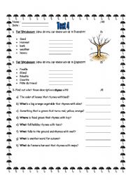 English worksheet: test about fall vocabulary and question words!