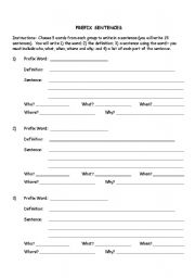 English Worksheet: Writing Sentences using word with prefixes.