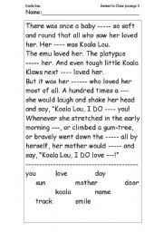 English worksheet: Koala Lou_Mem Fox Cloze activity